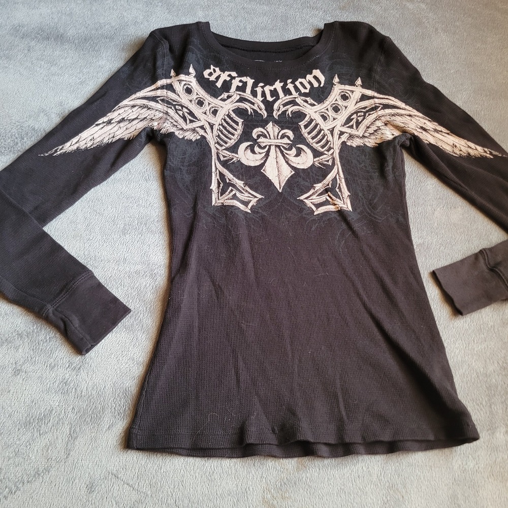 Affliction Women Thermal Top M Black Cotton Graphic Wings Y2K Grunge Gothic